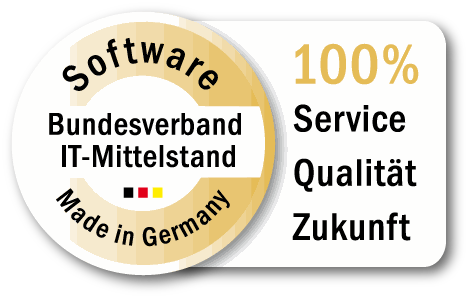 Service, Qualität und Zukunft, zertifiziert vom Bundesverband für IT-Mittelstand für das Produkt ownERP. Software made in Germany