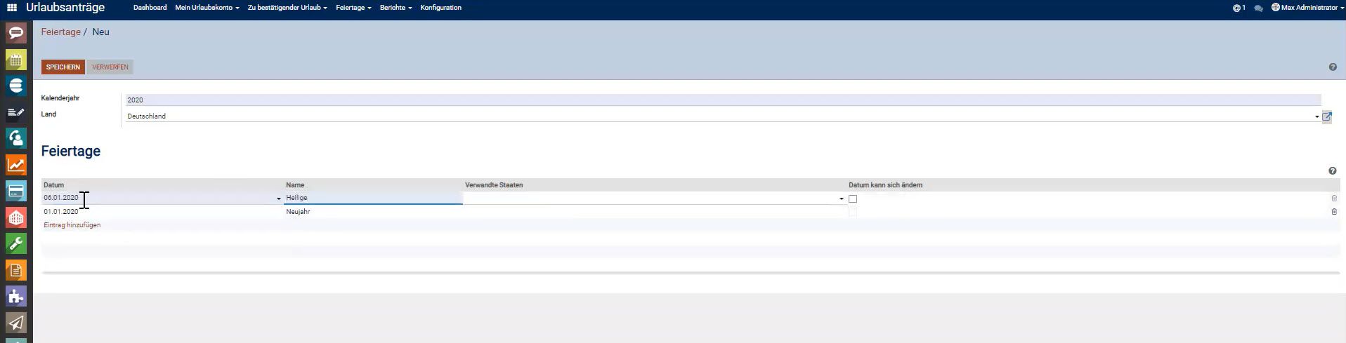 Urlaubsverwaltung mit Odoo - Feier- und Ruhetage