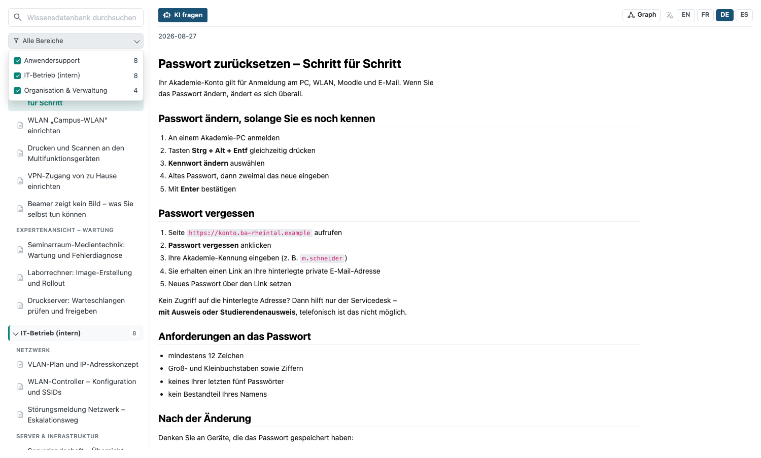 Der Lesebereich: klappbare Bereiche, Bereichsfilter und Sprachumschalter