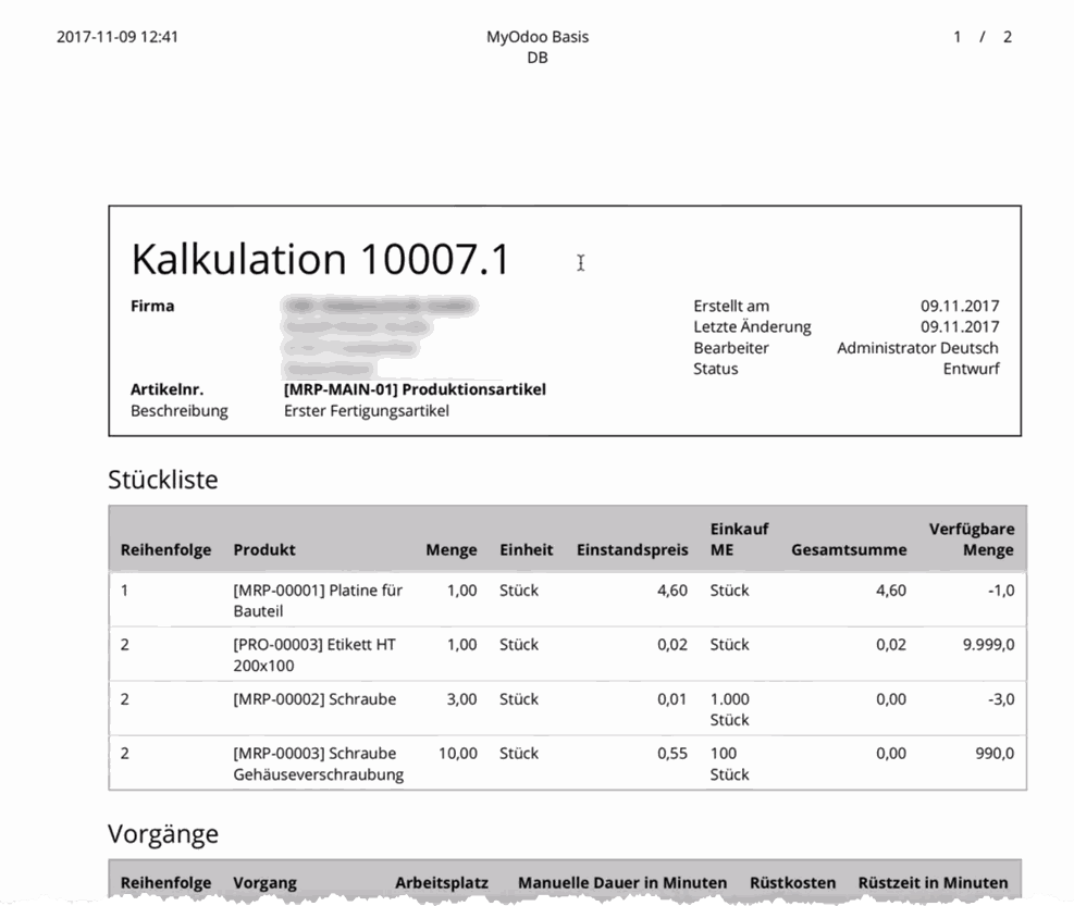 Paket Fertigung - Kalkulation Paket Fertigung - Kalkulation