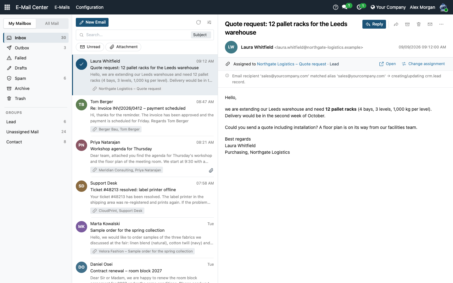 Outlook-artiger Mail-Client mit drei Bereichen