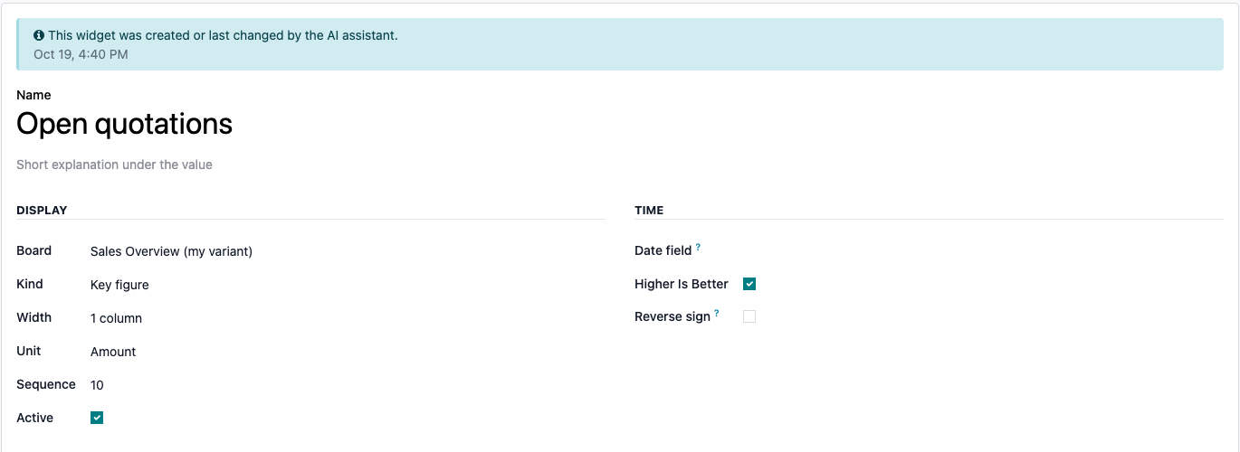 Ein Widget-Formular mit dem Hinweis, dass der KI-Assistent das Widget angelegt hat